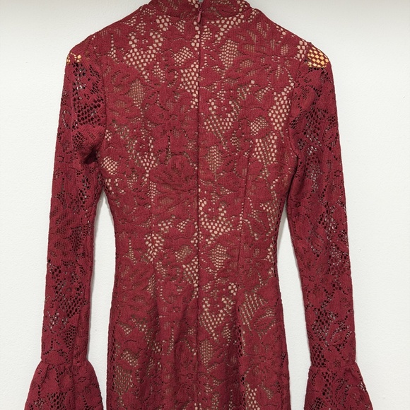 House of CB Burgundy Lace Midi Dress — Keyhole Cutout, Long Sleeve, Size Small - Picture 5 of 10